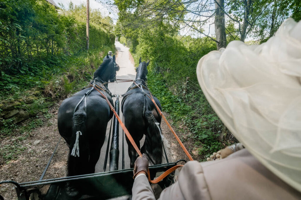 Pferde ziehen die Hochzeitskutsche